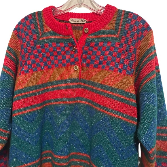 Vintage 1980's Italian Mohair Wool Bright Colored Geometric Long Sleeve Sweater - Picture 10 of 15